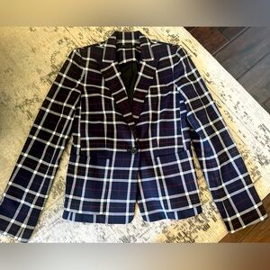 Alice and Olivia XS navy plaid blazer with leather patches at sleeves .